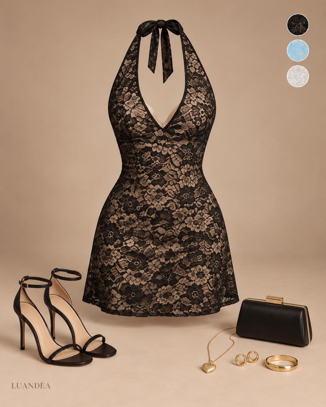Floral Lace Halter Deep V-Neck Bodycon Dress