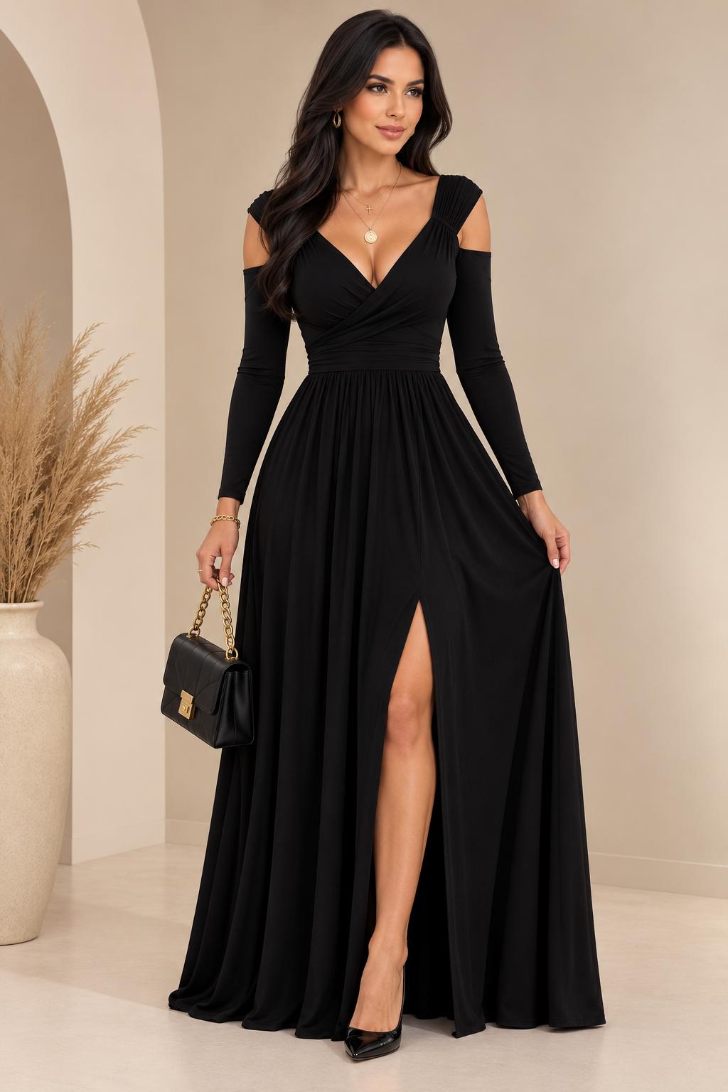 Vestido Largo Elegante de Mangas Largas con Abertura .