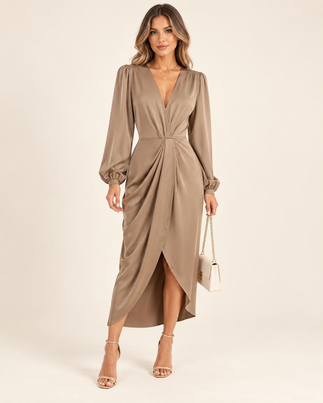 Vestido Midi Satinado de Mangas Abullonadas