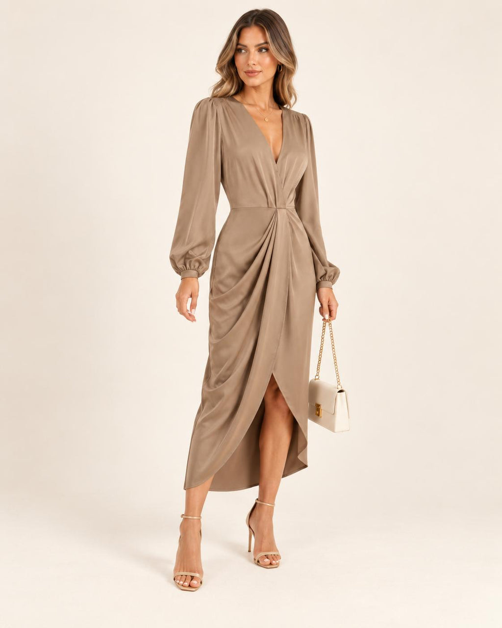 Vestido Midi Satinado de Mangas Abullonadas
