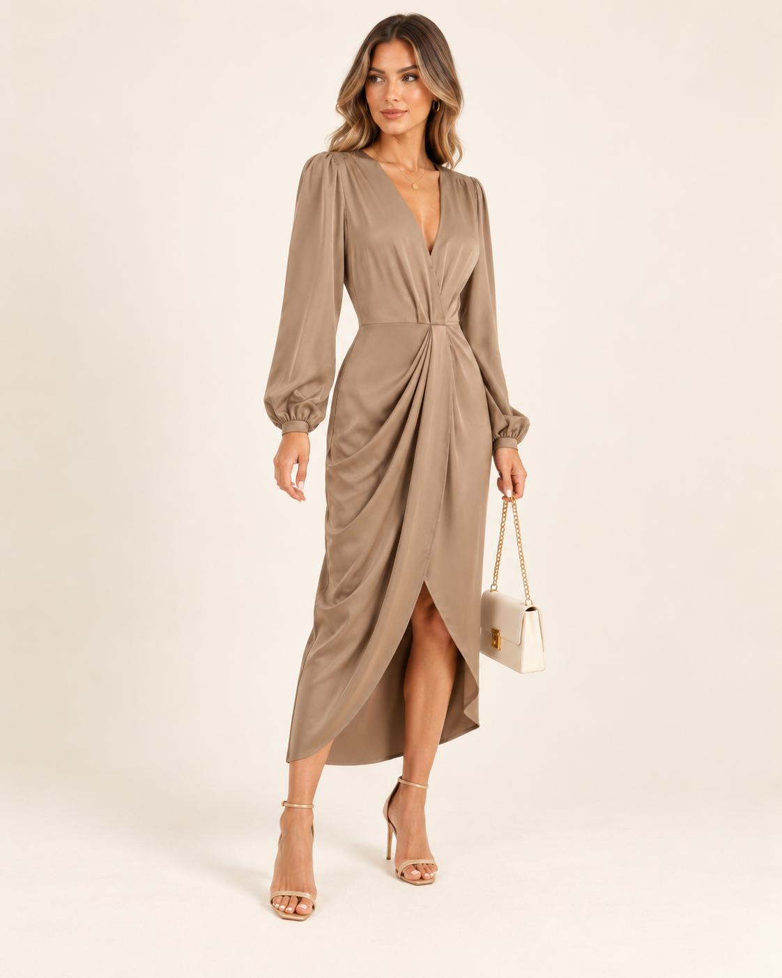 Vestido Midi Satinado de Mangas Abullonadas