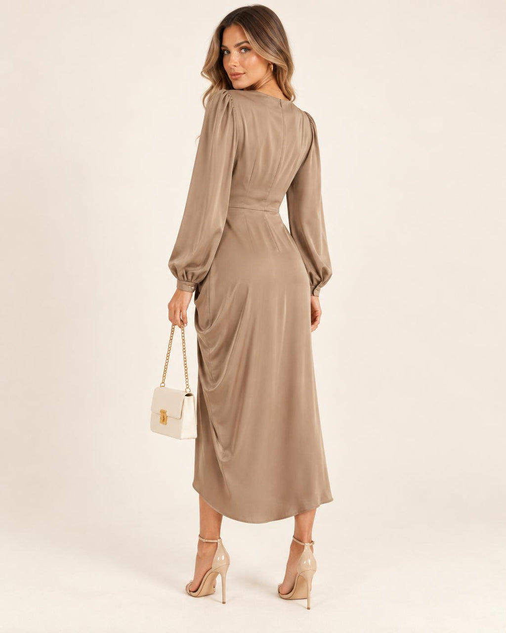 Vestido Midi Satinado de Mangas Abullonadas