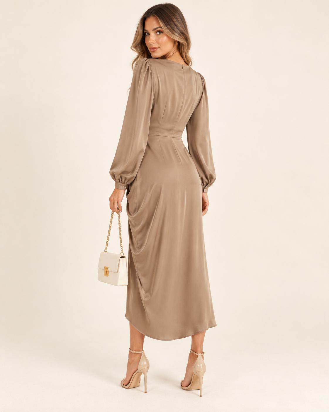 Vestido Midi Satinado de Mangas Abullonadas