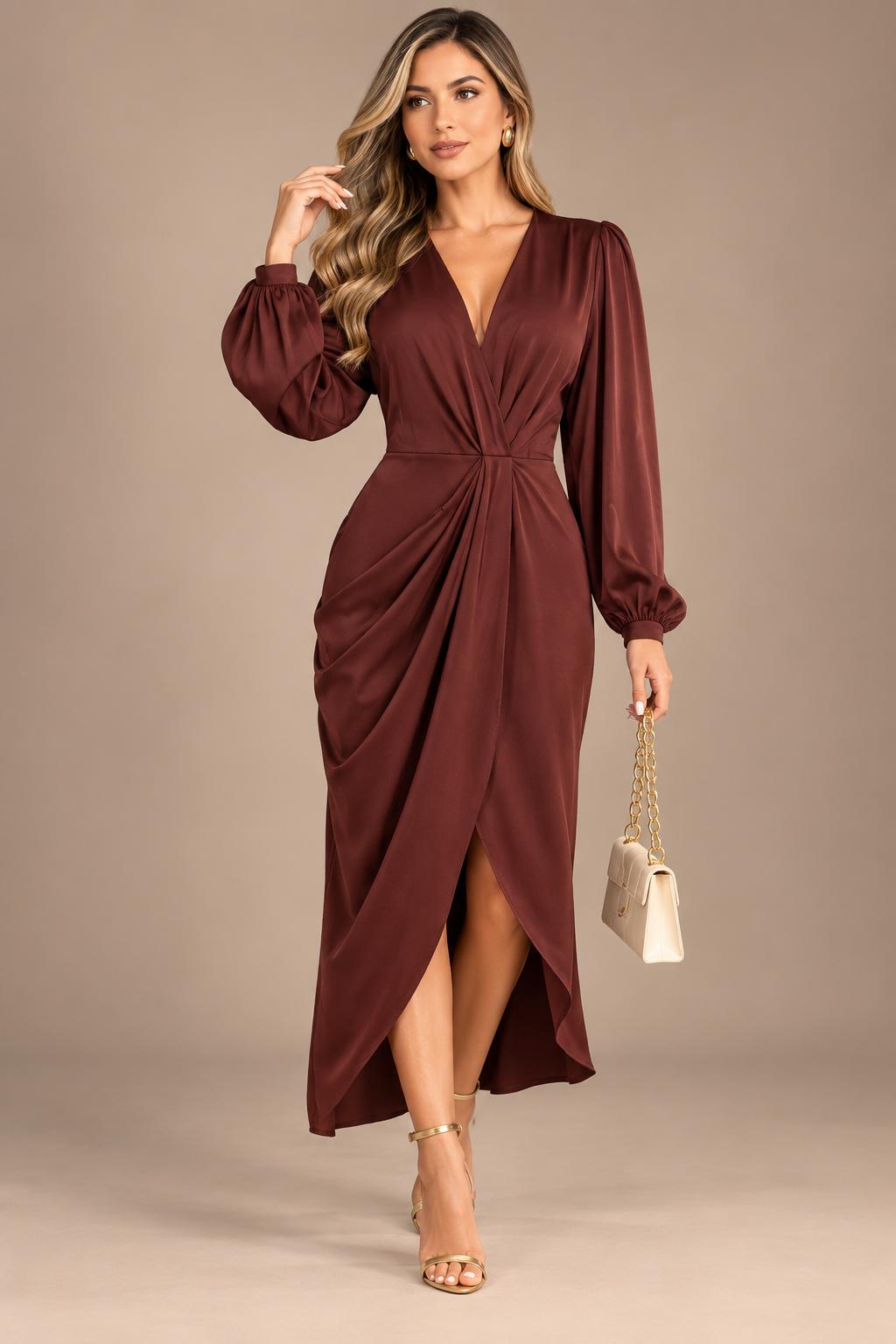 Vestido Midi Satinado de Mangas Abullonadas