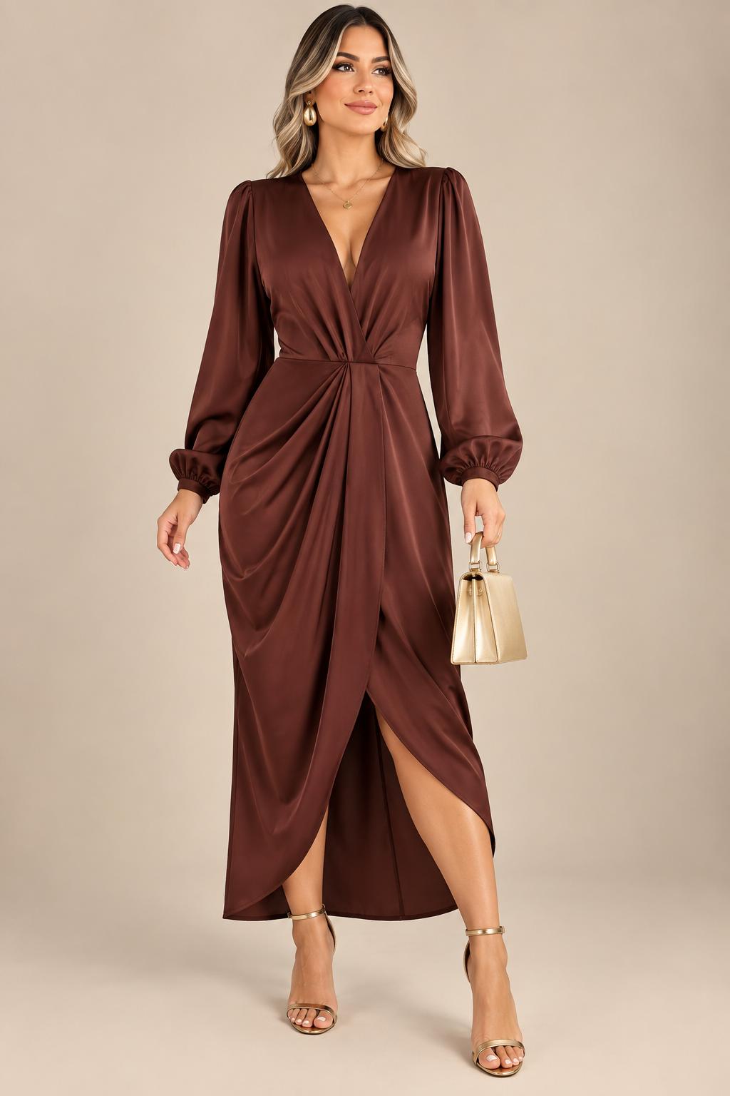 Vestido Midi Satinado de Mangas Abullonadas