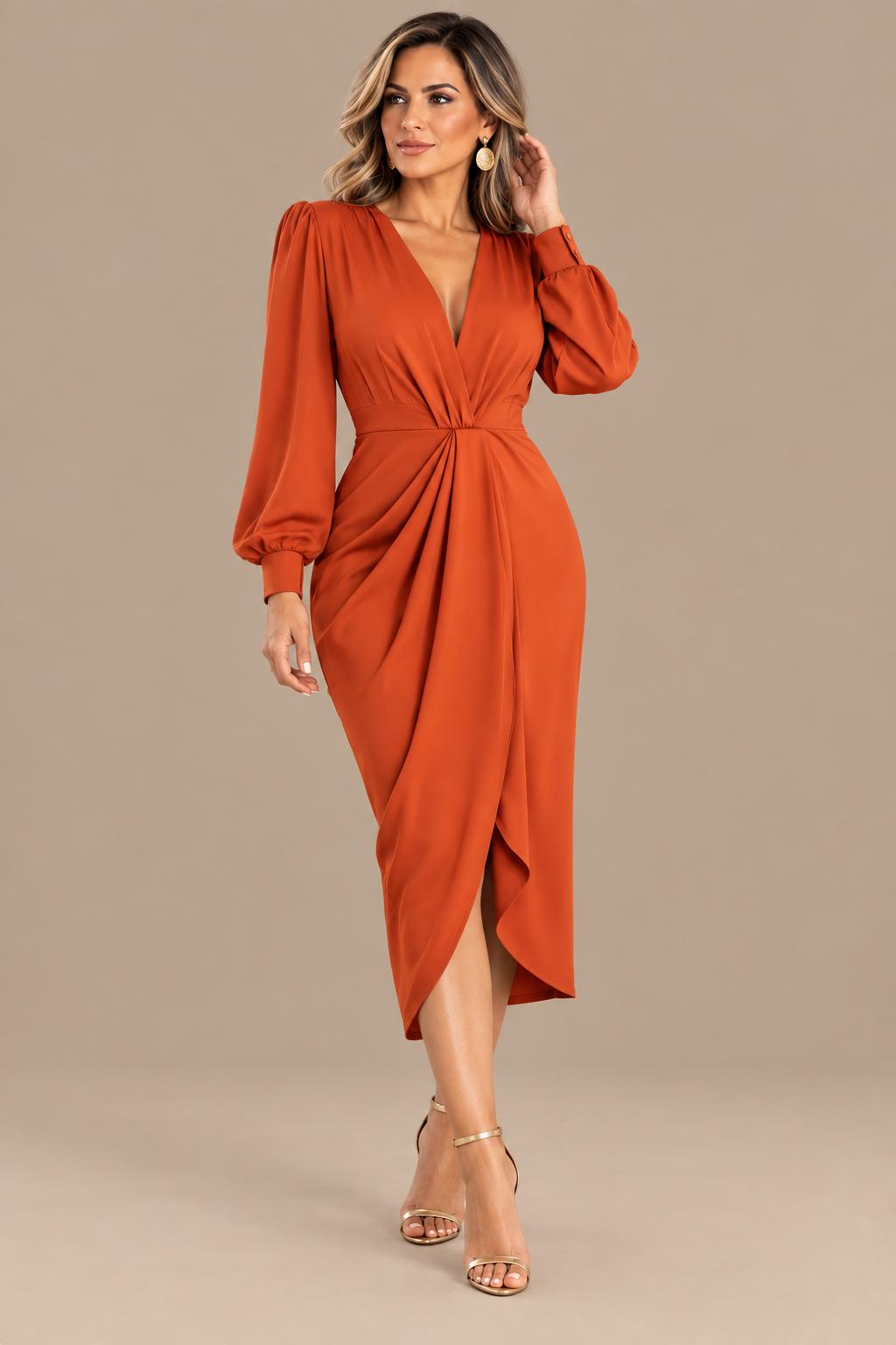 Vestido Midi Satinado de Mangas Abullonadas