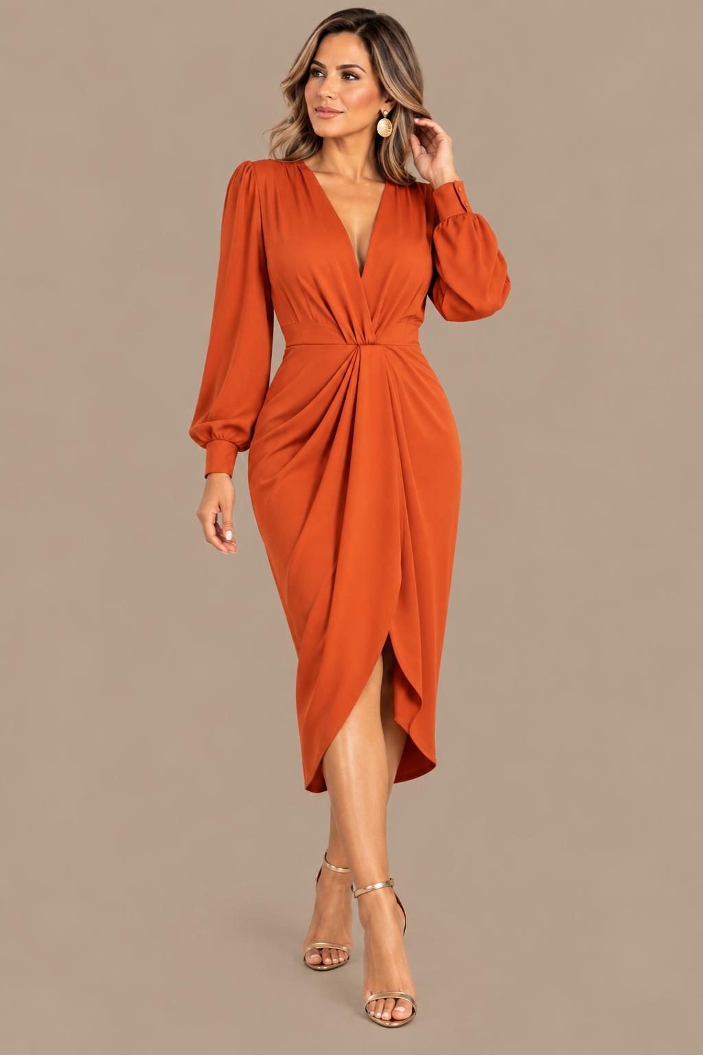 Vestido Midi Satinado de Mangas Abullonadas