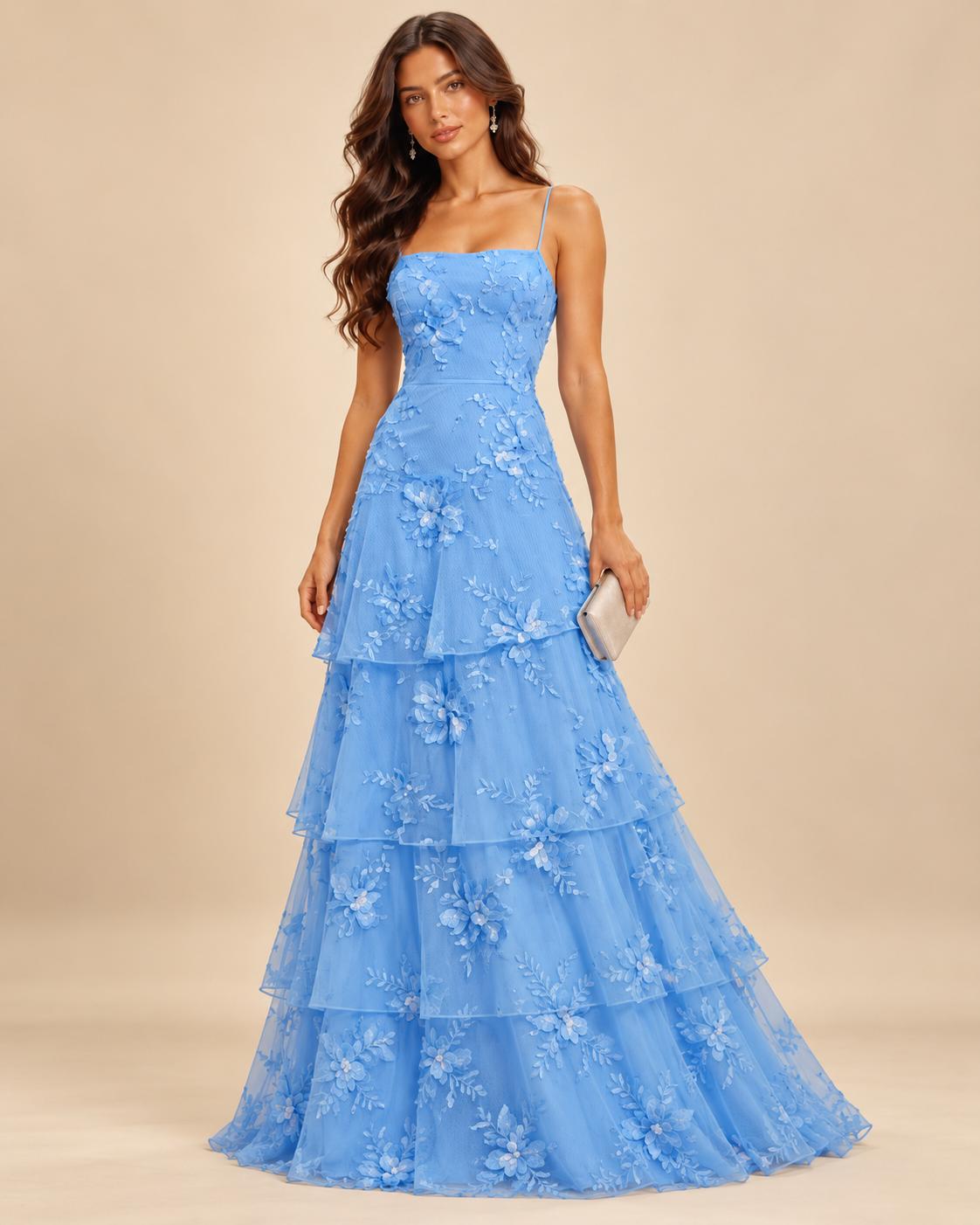 Vestido Largo con Flores Bordadas y Encaje