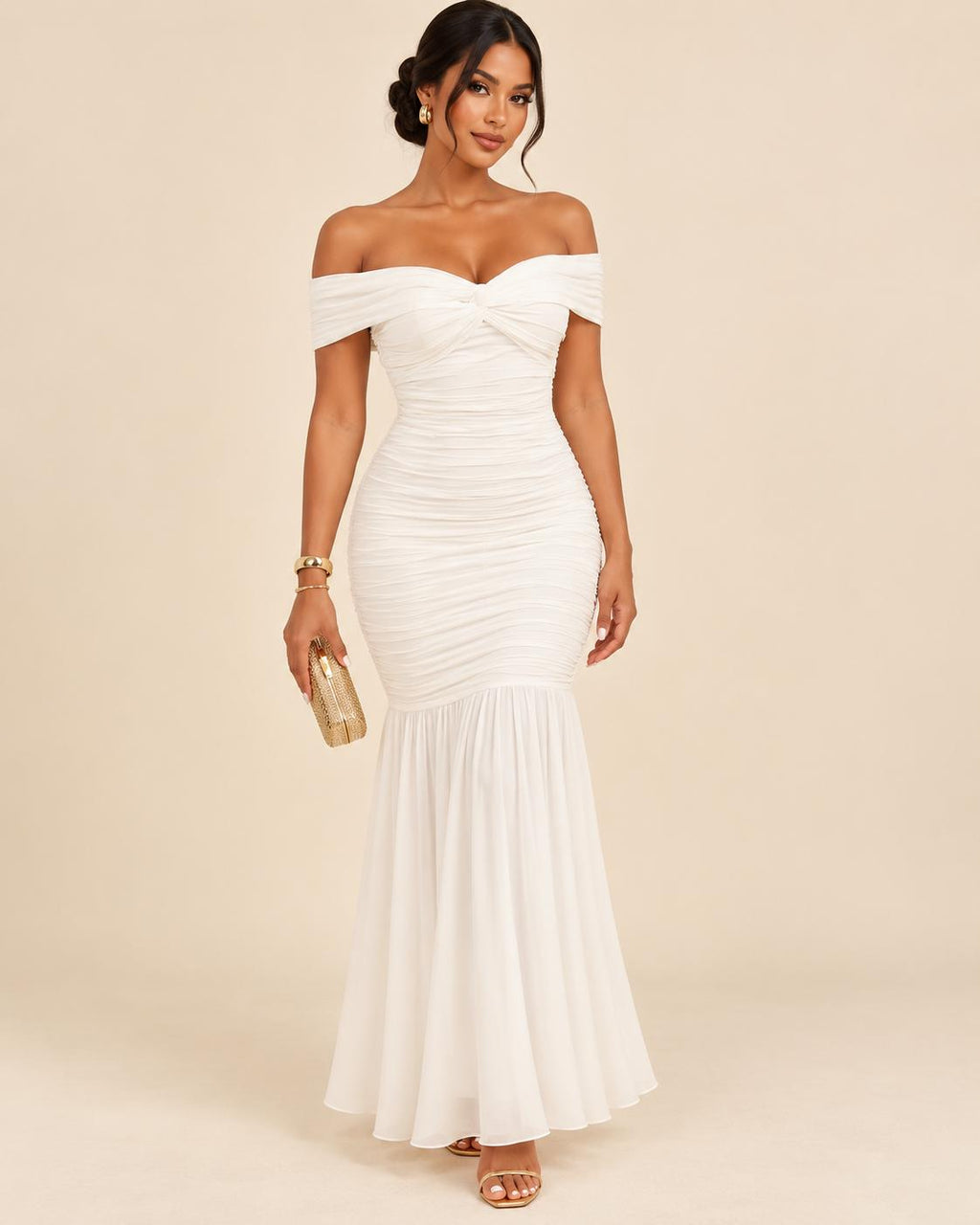 Off-Shoulder Ruched Mermaid Maxi Dress