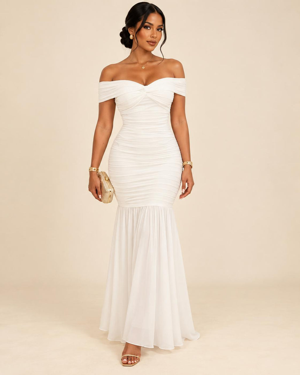 Off-Shoulder Ruched Mermaid Maxi Dress