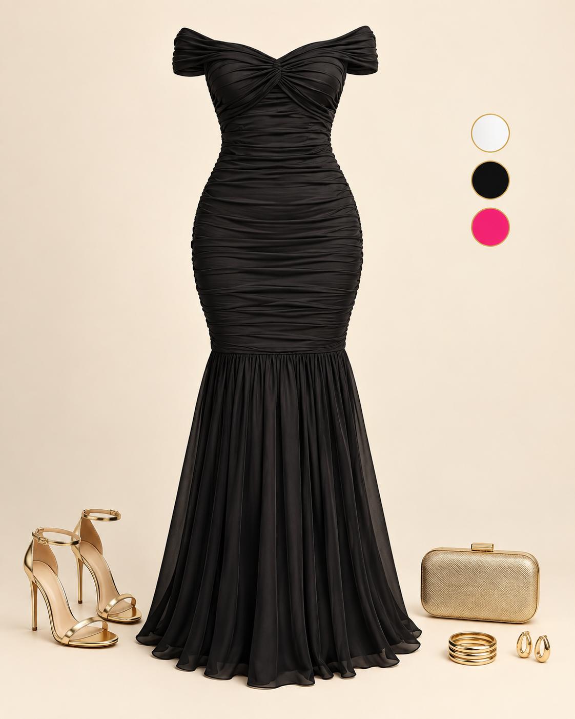 Off-Shoulder Ruched Mermaid Maxi Dress