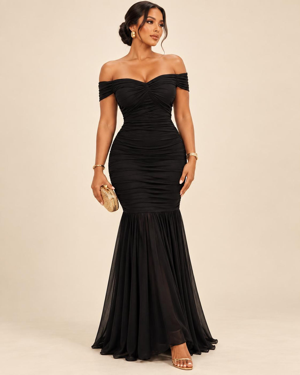 Off-Shoulder Ruched Mermaid Maxi Dress