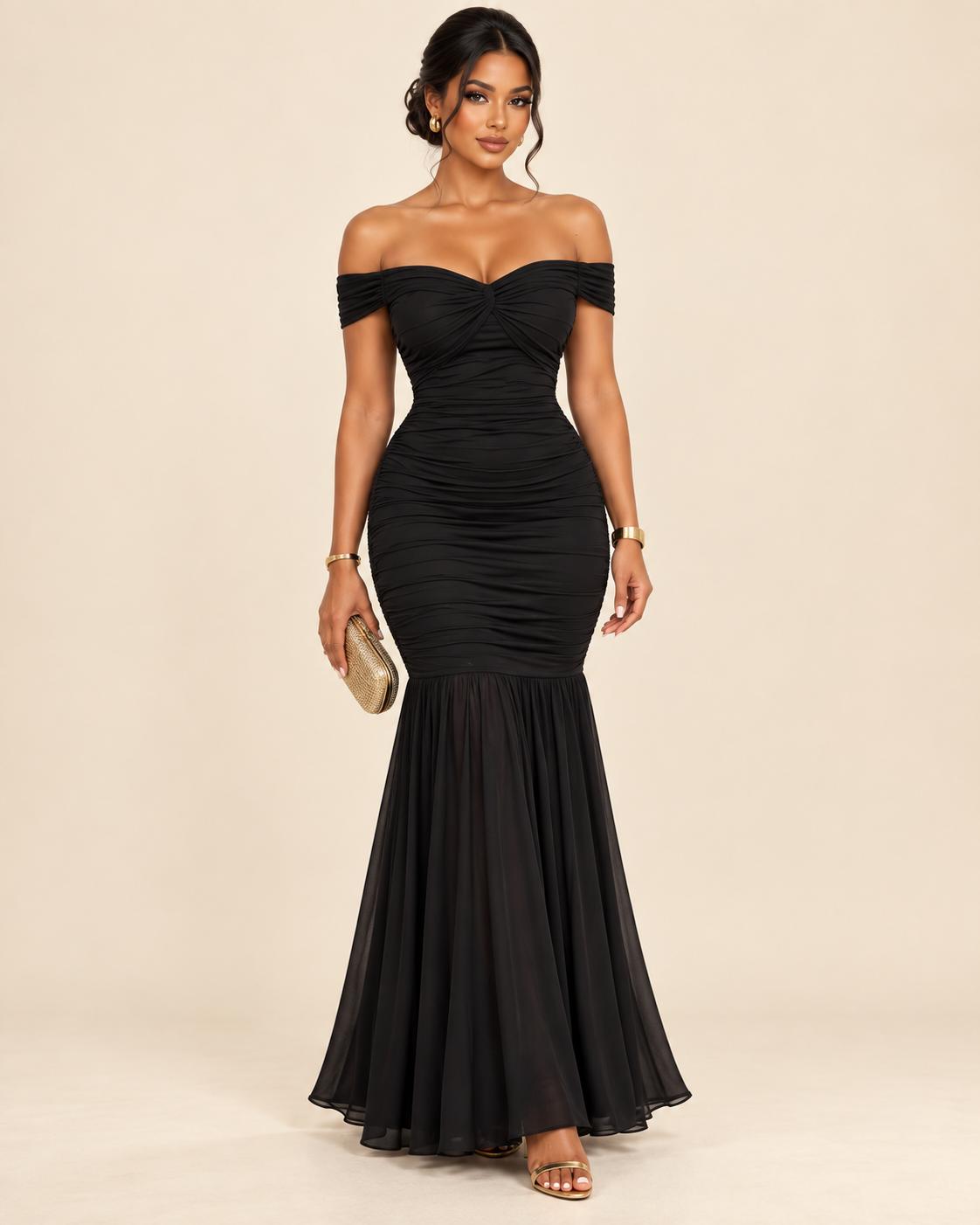 Off-Shoulder Ruched Mermaid Maxi Dress