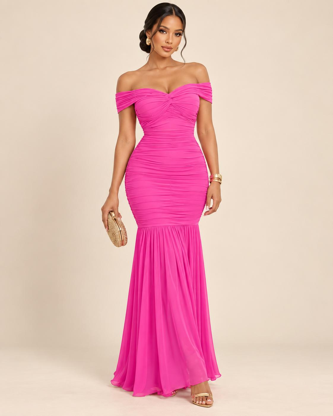 Off-Shoulder Ruched Mermaid Maxi Dress