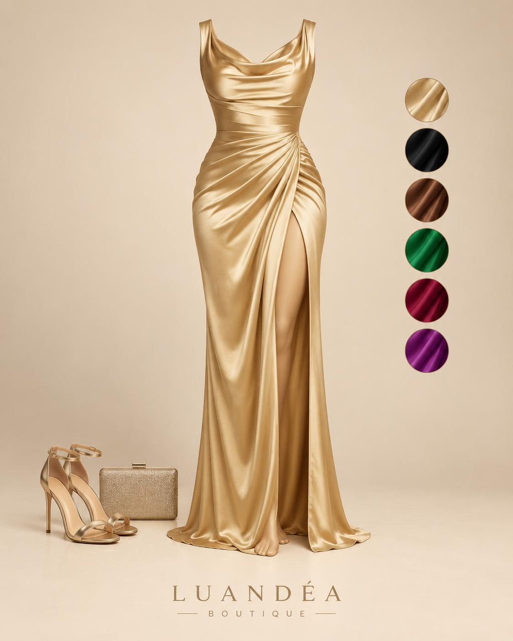 Full Size Satin Cowl Neck High Slit Maxi Dress Plus Size